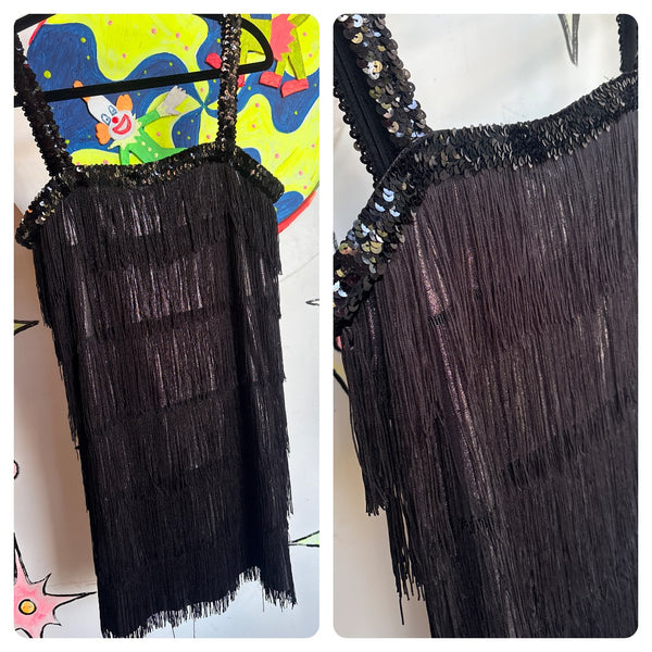 Silver & Black Sequin Fringe Flapper Dress Roaring 20s New Year's Disco Mini L
