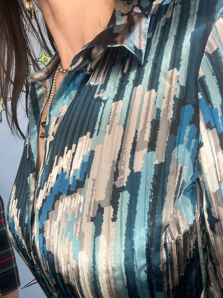 Vintage Abstract Teal Pleated Button Up | Y2K Fairy Grunge Wearable Art – M