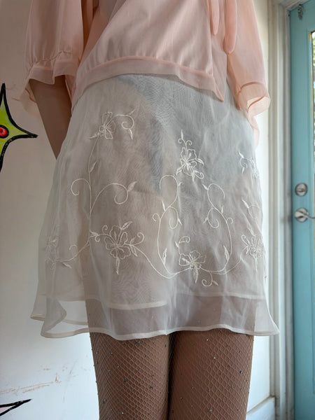 90s White Ruffle Lace Chiffon Silk Blend Slip Dress Soft Grunge Babydoll M