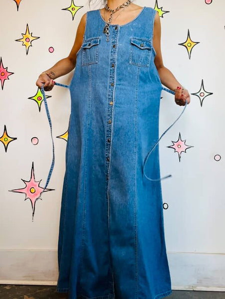 Vintage 90s Denim Button-Up Maxi Dress Liz Claiborne Boho Grunge Sleeveless | XL