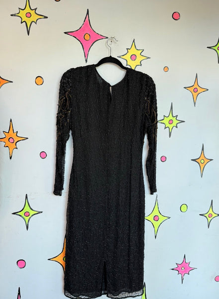 80s Black & Gold Fully Beaded Silk Gown Old Money Glam Mob Wife Cocktail Dress M