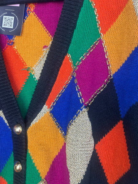 Rainbow Harlequin Cardigan Clowncore Sweater Beaded Deep V Button Front S/M