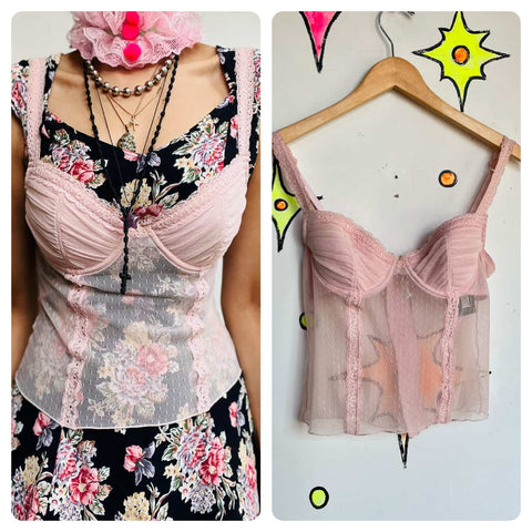 Vintage Y2K Pastel Pink Lace Babydoll Fairy Grunge Coquette Bustier Corset | 34A