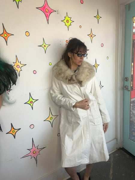 Vintage 70s White Leather Trench Coat Fur Collar Penny Lane Rockstar L
