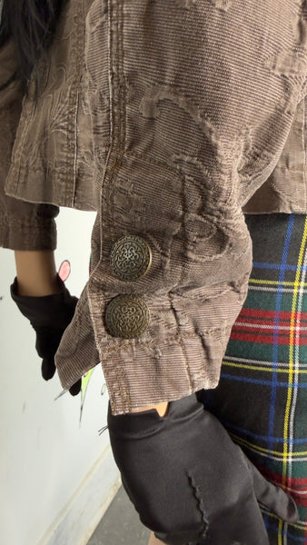 Brown Cropped Blazer Y2K Fairy Academia Embroidered Linen Feel - Preppy Glam M