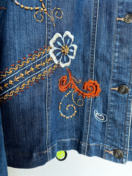 Vintage 90s Y2K Floral Embellished Denim Jacket Boho Fairy Grunge Jean Jacket L