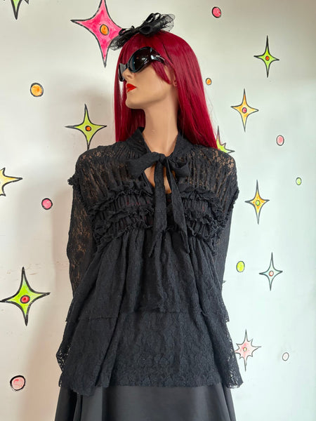 Romantic Y2K Dark Gothic Tiered Lace Blouse Bow Neck Vampire Siren Top XL