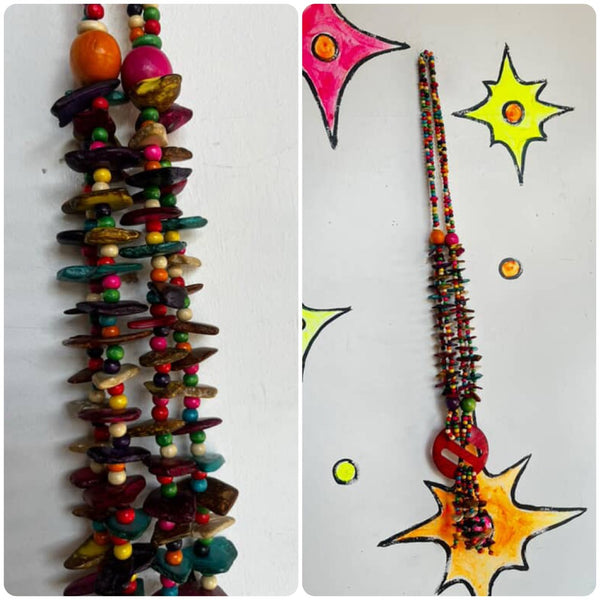 Vintage Boho Rainbow Wood & Coconut Shell Statement Necklace - Chunky Earthy