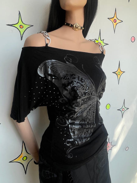 Y2K Black Chain Off Shoulder Butterfly Tattoo Top Cyber Grunge Whimsy Goth M