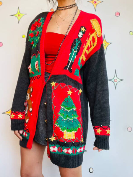 Vintage 80s 90s Ugly Tacky Christmas Party Sweater Cardigan w Teddy Bear M/L