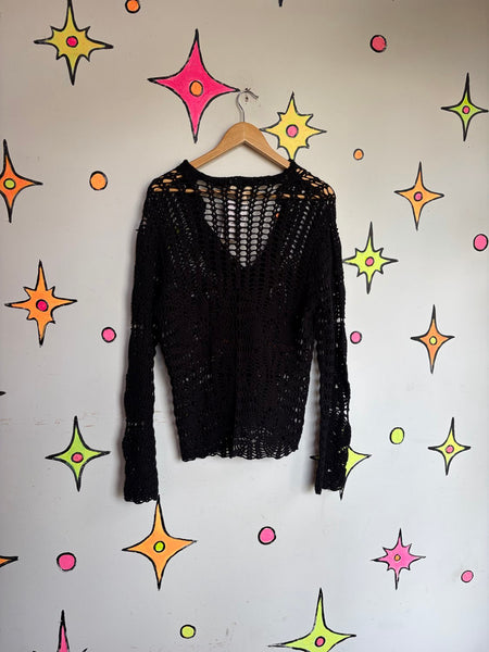 Black Crochet Cardigan Boho Whimsy Goth Fairy Festival Layering Sweater Large