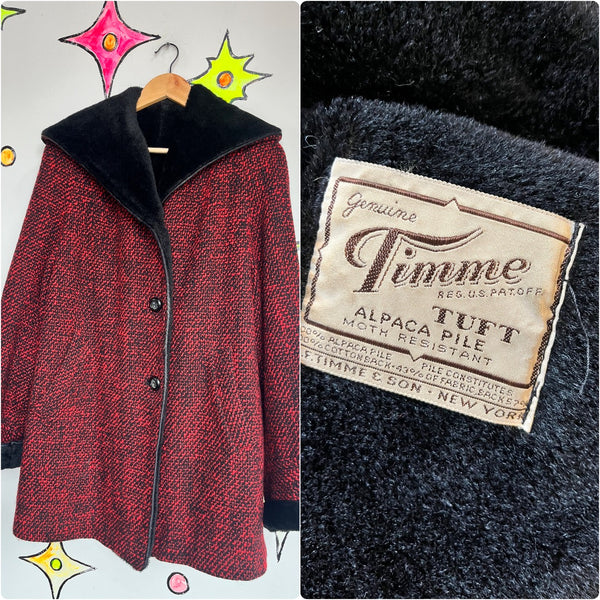 Vintage | Cozy Warm Red and Black 100% Alpaca Fleece Coat Old Hollywood Glam