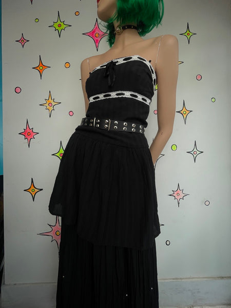90s Y2K Vintage Black Whimsygoth Babydoll Dress White Lace Trim Lolita Mini S/M