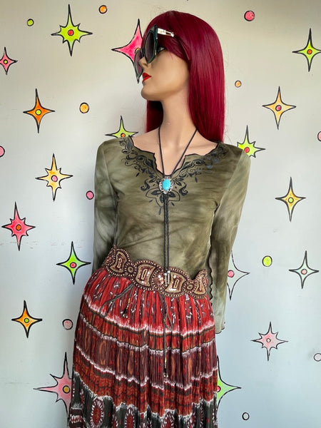 Boho Fairy Grunge Army Green Tie-Dye Bell-Sleeve Cropped Tee Top M