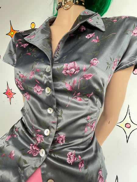 Vintage 90s Satin Floral Button Up Shirt Silver and Purple Fairy Grunge Blouse M