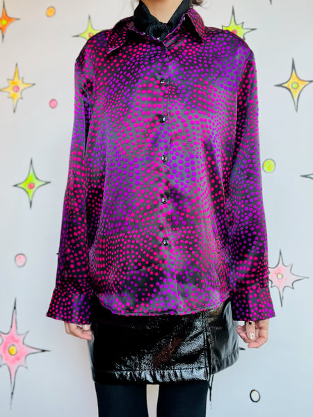 Vintage 90s Y2K Cyber Goth Grunge Abstract Optical Illusion Print Glam Blouse L