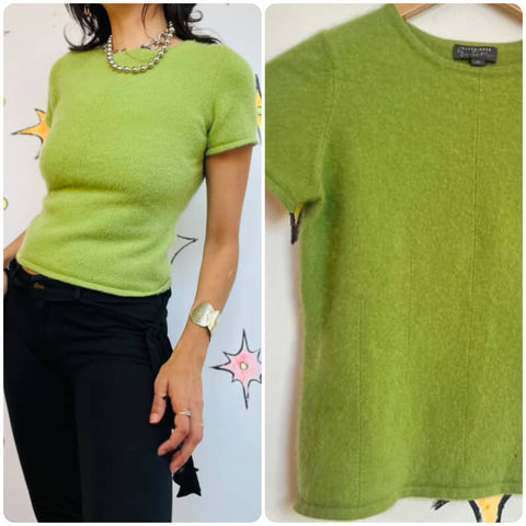 Vintage 90s Sage Green Cashmere Sweater Top – Fuzzy Short Sleeve Cozy Knit – M