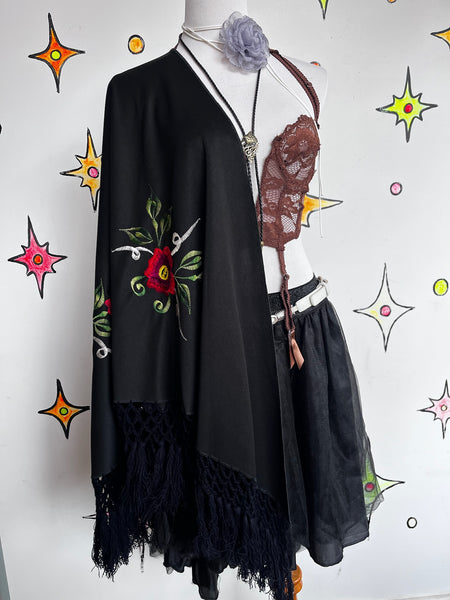 Witchy Black Western Boho Piano Shawl Scarf ' Fringe Red Floral Embroidery