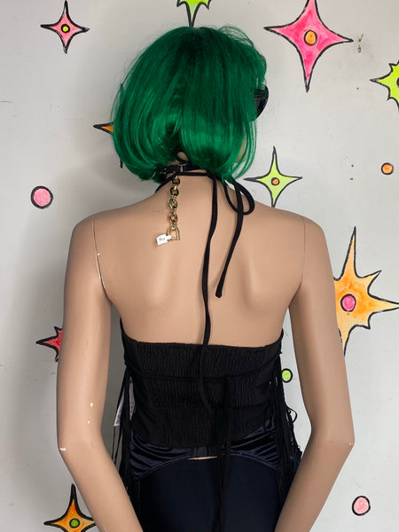 Y2K Faux Suede Western Cowgirl Goth Fringe Top Black Halter Grunge Biker Glam M