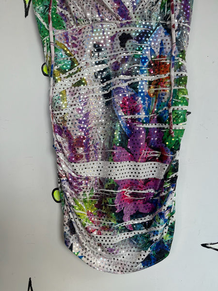 Vintage Y2K Club Dress Rainbow Tattoo Print Metallic Sparkly Halter Mini – M