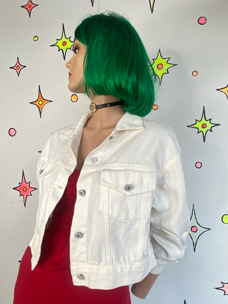 White Denim Fringe Crop Jacket Western Cowgirl Festival Streetwear S