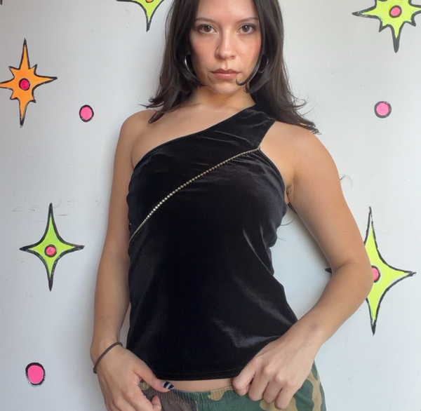 Vintage 90s Black Velvet One Shoulder Top | Goth Grunge Asymmetrical Party Top S