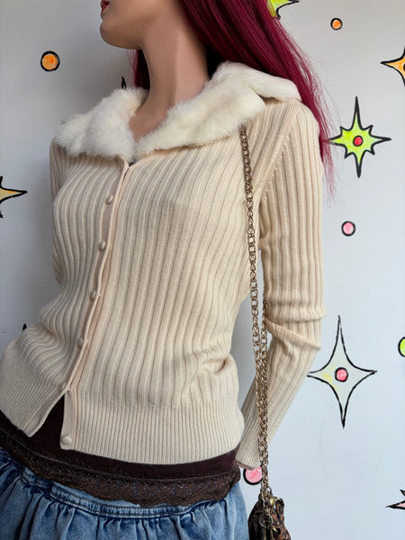 Vintage 90s Ann Taylor Off-White Cashmere Fur Trim Cardigan Coquette Glam S