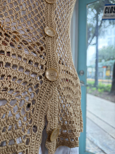 90s Prairie Beige Crochet Lace Cardigan Boho Western Whimsy Grunge | L