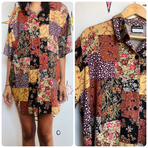 Vintage 80s 90s Boho Whimsy Grunge Fairy Patchwork Button Up Shirt – L