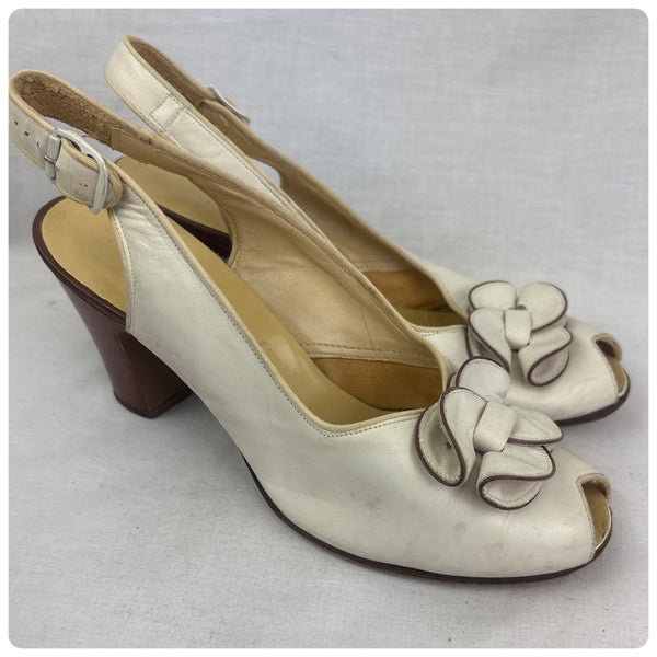 Vintage 1940s White Leather Peep Toe Slingback Heels – Pin-Up Cha Cha Style – 6