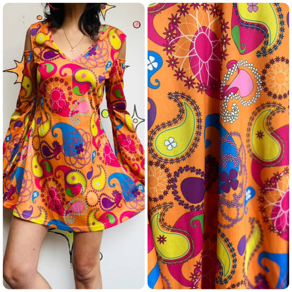 Retro 90s Does 60s/70s MOD GoGo Psychedelic Rainbow Paisley Mini Dress – M