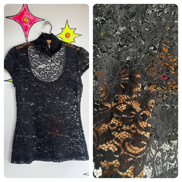 Vintage Y2K Black Sheer Lace Babydoll Top – Goth Coquette Fairy Grunge S