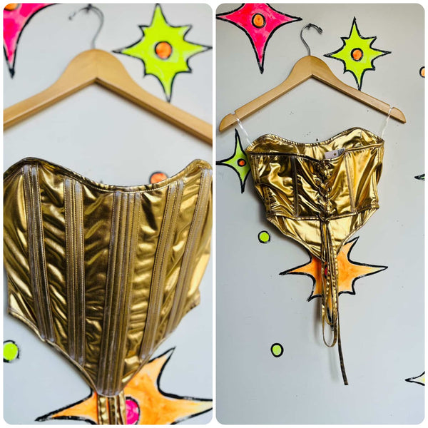 Y2K Distressed Metallic Gold Bustier Corset Regal Grunge Fairy Goddess Top - M