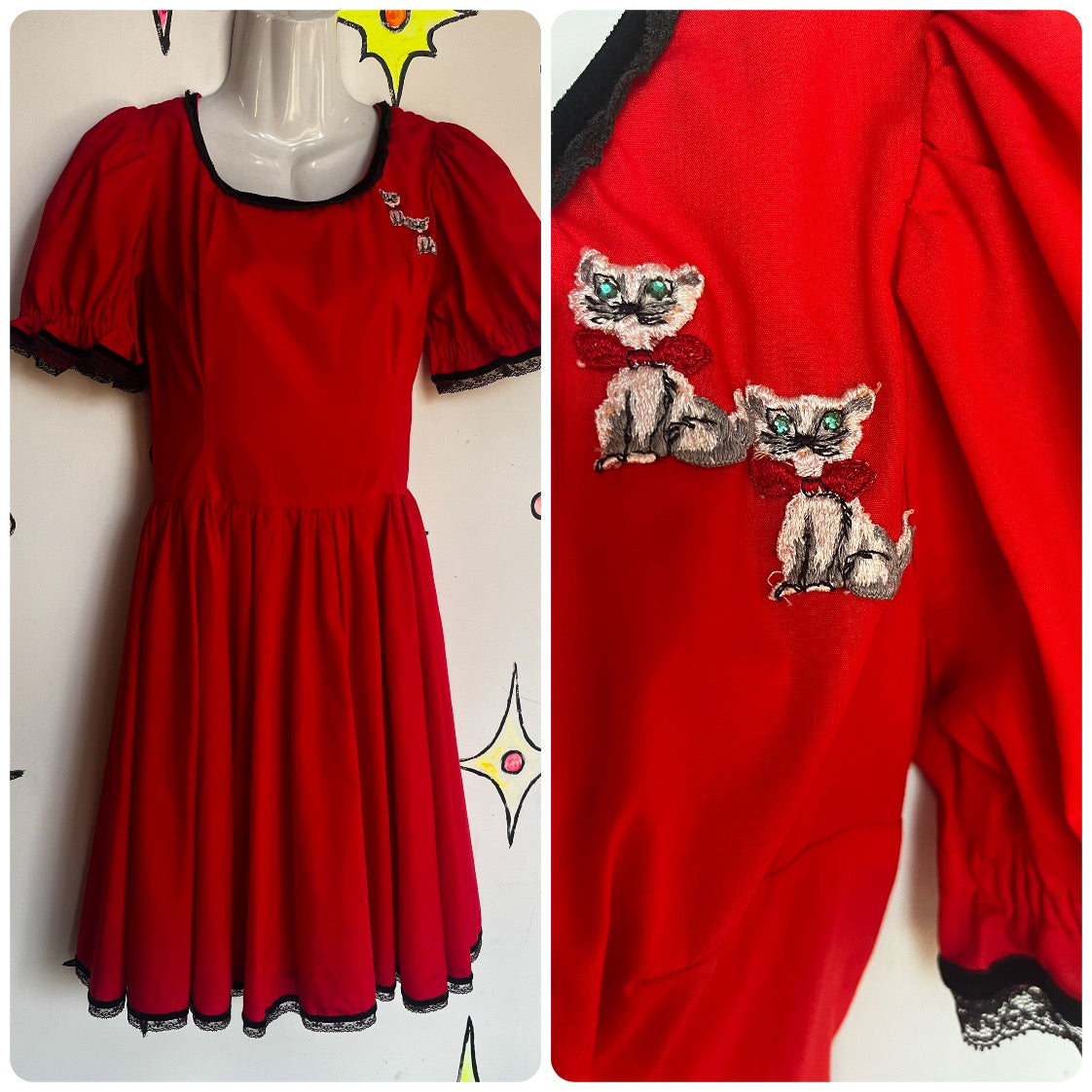 Vintage 1950s | Red Patio Dress Prairie Square Dancing Pearl Puff Sleeve | M L