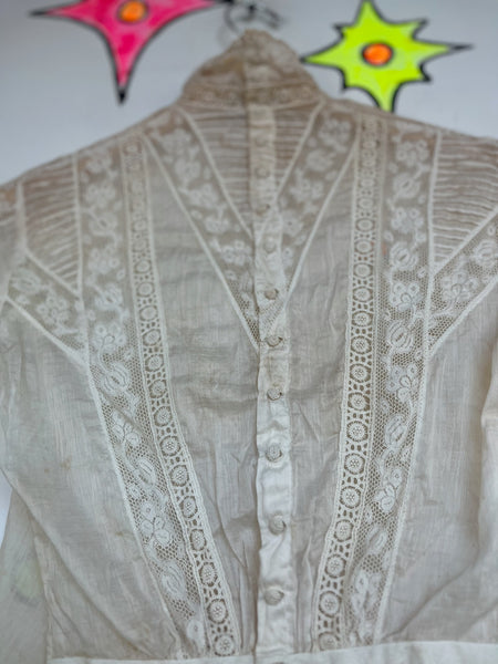 Antique 1900s Off White Sheer Lace Romantic Babydoll Steampunk Top Blouse XS