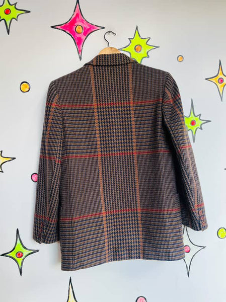 Vintage 80s Brown Houndstooth Blazer Jones New York Wool Look Classic Jacket - 6