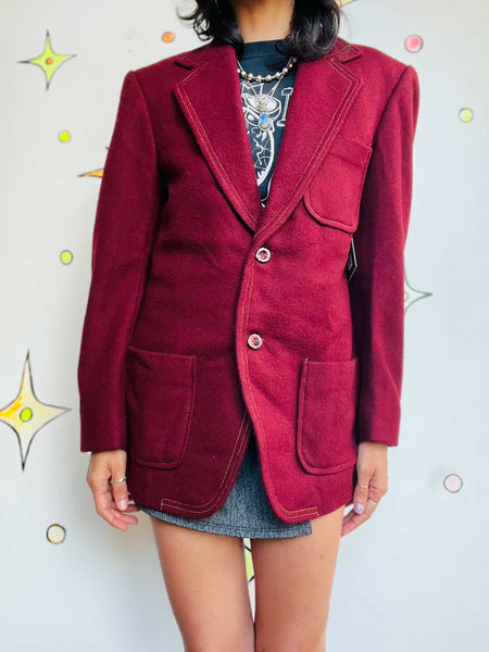 Vintage 70s | Men's Burgundy Wool Big Collar Blazer Jacket – Disco Mod Vibes - L