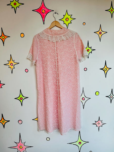 Vintage White Lace Pink Robe Victorian Romantic Babydoll Pegnoir Bed Jacket S/M