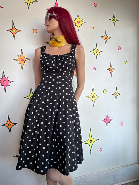 80s 90s Black & White Polka Dot Dress Retro 50s Rockabilly Pin Up Preppy Goth 8