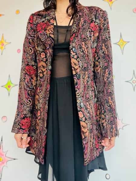 Vintage 90s Y2K Brocade Paisley Tapestry Coat Steampunk Fairy Grunge Size M