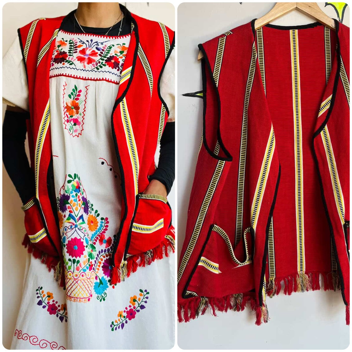 Vintage 60s 70s Boho Grunge Red Tapestry Fringe Vest Festival Hippie Western M/L