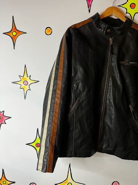 Vintage Y2K Striped Moto Racing Jacket – Vegan Leather – Double Stripe – Large