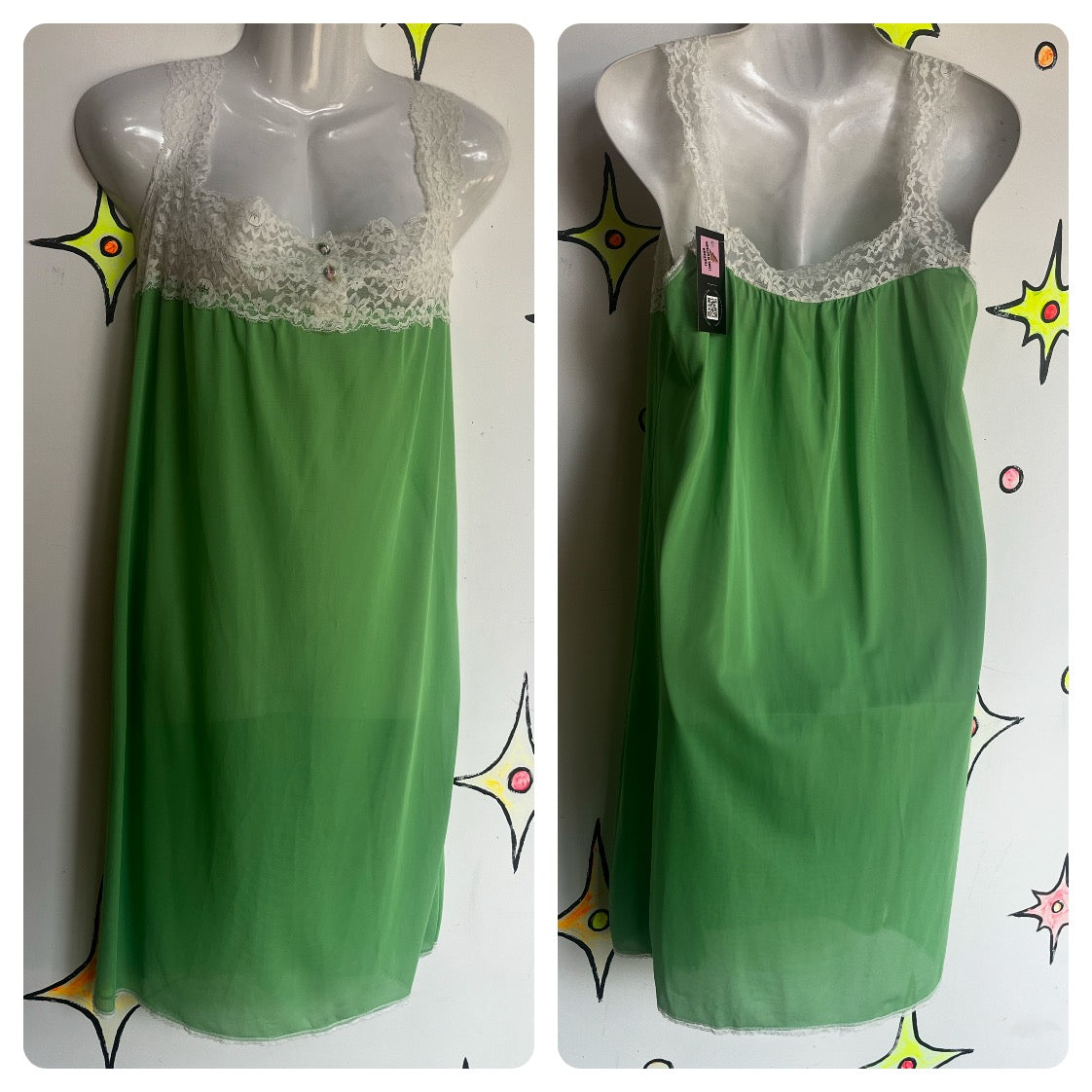 Vintage 60s 70s | Green Nylon & Lace Babydoll Fairy Grunge Nighty Slip Dress | M