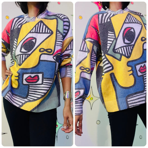 Wearable Art Picasso Cubist Abstract Art Avant-Garde Pullover Sweater - Large