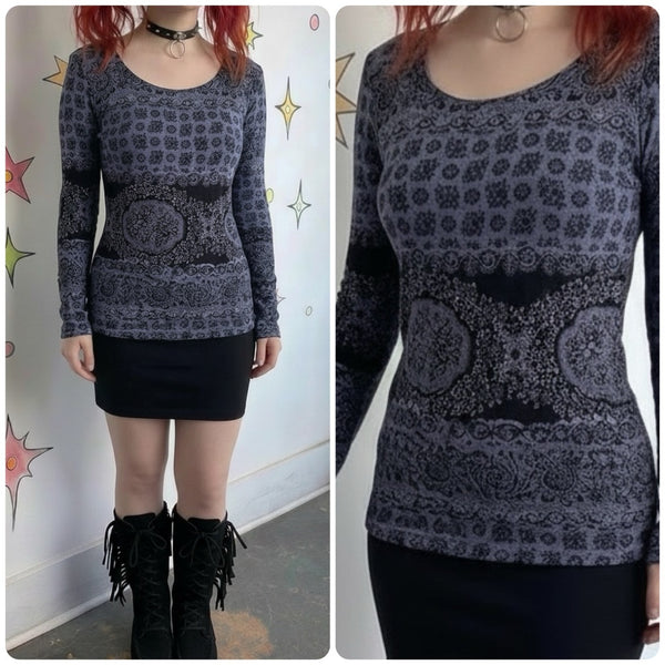 90s Paisley Long Sleeve Top Slinky Stretchy Whimsigoth Pirate Fairy Grunge L