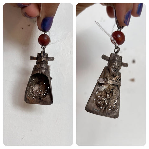 Chinese Silver Carnelian Needle Case with Figure Pendant 19th Century