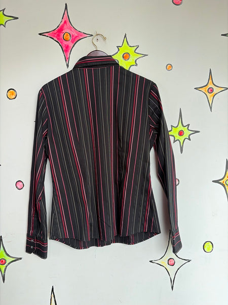 Y2K Mall Goth Pinstripe Shirt Black Red Office Siren Dark Academia Grunge Top L