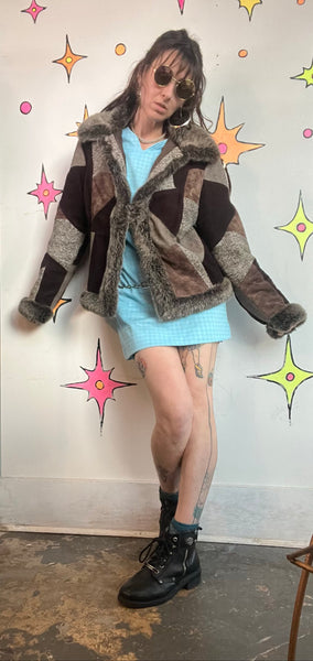 Y2K Penny Lane Faux Fur Patchwork Coat Boho Glam Western Festival Luxe L