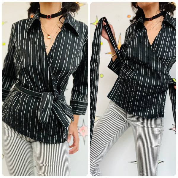 Vintage Y2K Black Pinstripe Wrap Top - Dark Academia Preppy Goth Office Siren M