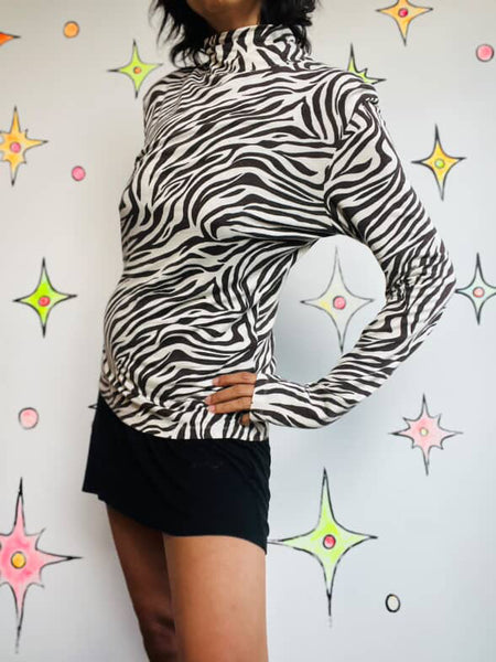 Vintage 80s 90s Zebra Striped Turtleneck | Glam Grunge Stretch Top | Size S